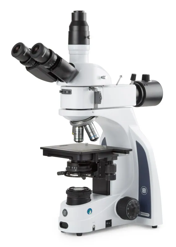 iScope Trinocular Microscope with EWF 10x/20 mm eyepieces, plan PLMi 5/10/20/50x MIOS objectives, 150 x 140 mm stage. Reflected illumination with 0-90° polarizer. 3 W NeoLED™ brightfield Köhler illumination