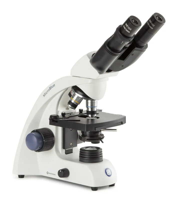 MicroBlue Binocular Microscope with achromatic 4/10/S40x DIN 35 mm objectives, mechanical stage and LED illumination