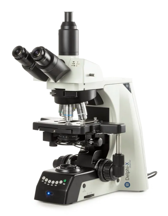Delphi-X Observer, trinocular microscope with 0-35° tilting head, SWF 10x/25mm Ø 30mm eyepieces, plan PL 4/10/20/S40/S100x oil IOS objectives, EIS 60mm parfocal, 190 x 152mm stage with 78 x 32mm mechanical stage and 3 W NeoLED™ illumination
