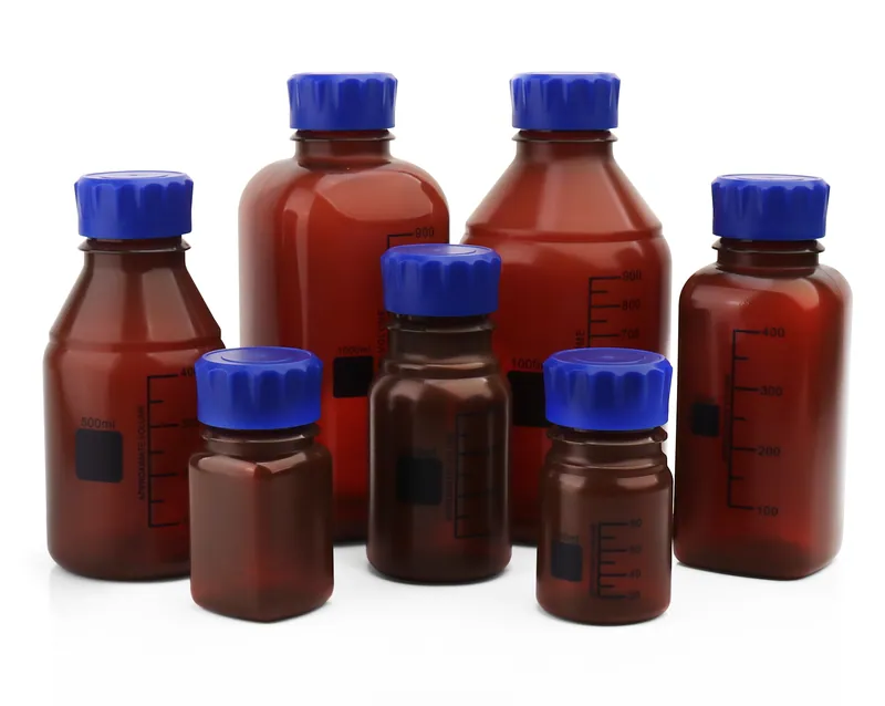 reagent botttle amber round polypropylene with gl45 blue screw cap